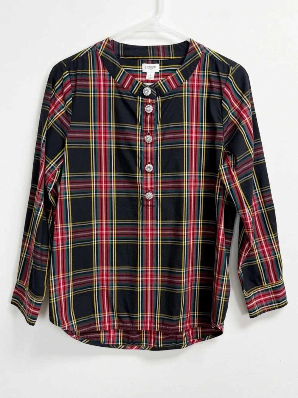 J Crew Plaid Popover Shirt Womens Small Multicolor Plaid Rhinestone Buttons